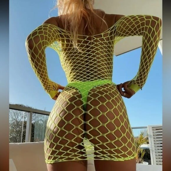 Neon Green Hollow Out Fishnet Dress - Picture 2 of 7